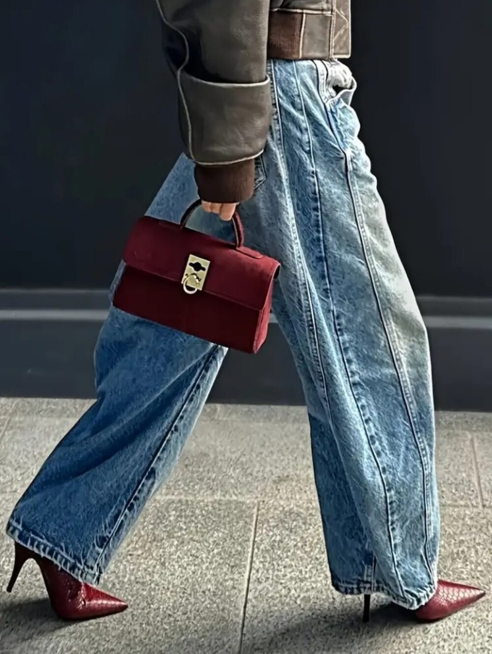 Patchwork Jeans, Elastic Fabric Comfortable Crescent-Shaped Pants, Casual